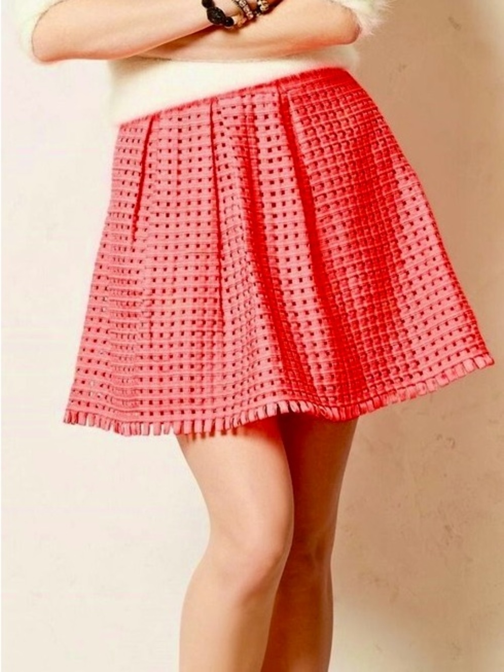 Yona Baraschi (Anthro) XS Women's neon coral woven Textured A-Line Skirt